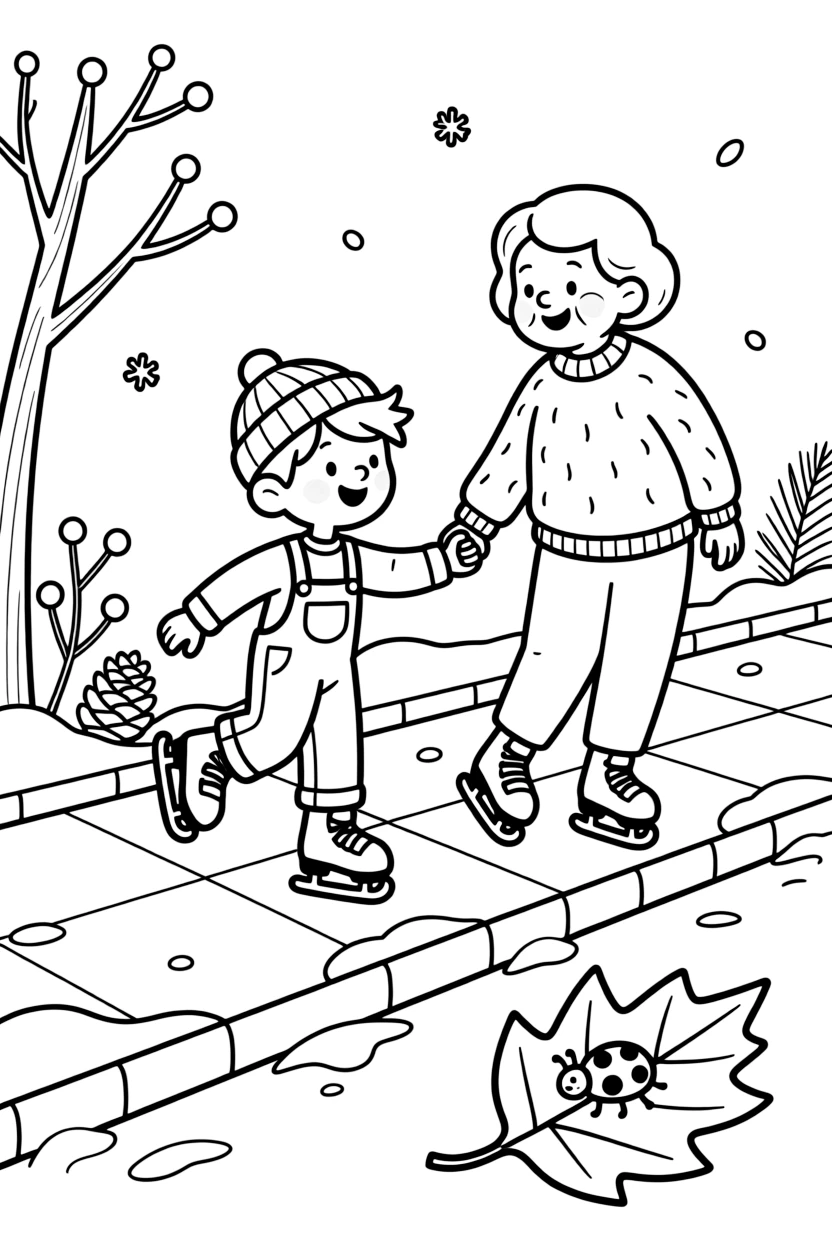 A boy in overalls ice skating together with an elderly neighbor on the sidewalk as a ladybug crawls on a leaf.
