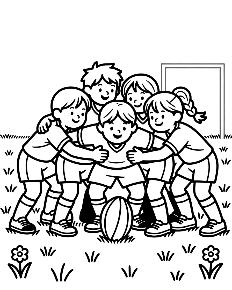 A team of neighborhood kids, forming a scrum with teammates, heads down and arms locked before the ball is fed in.