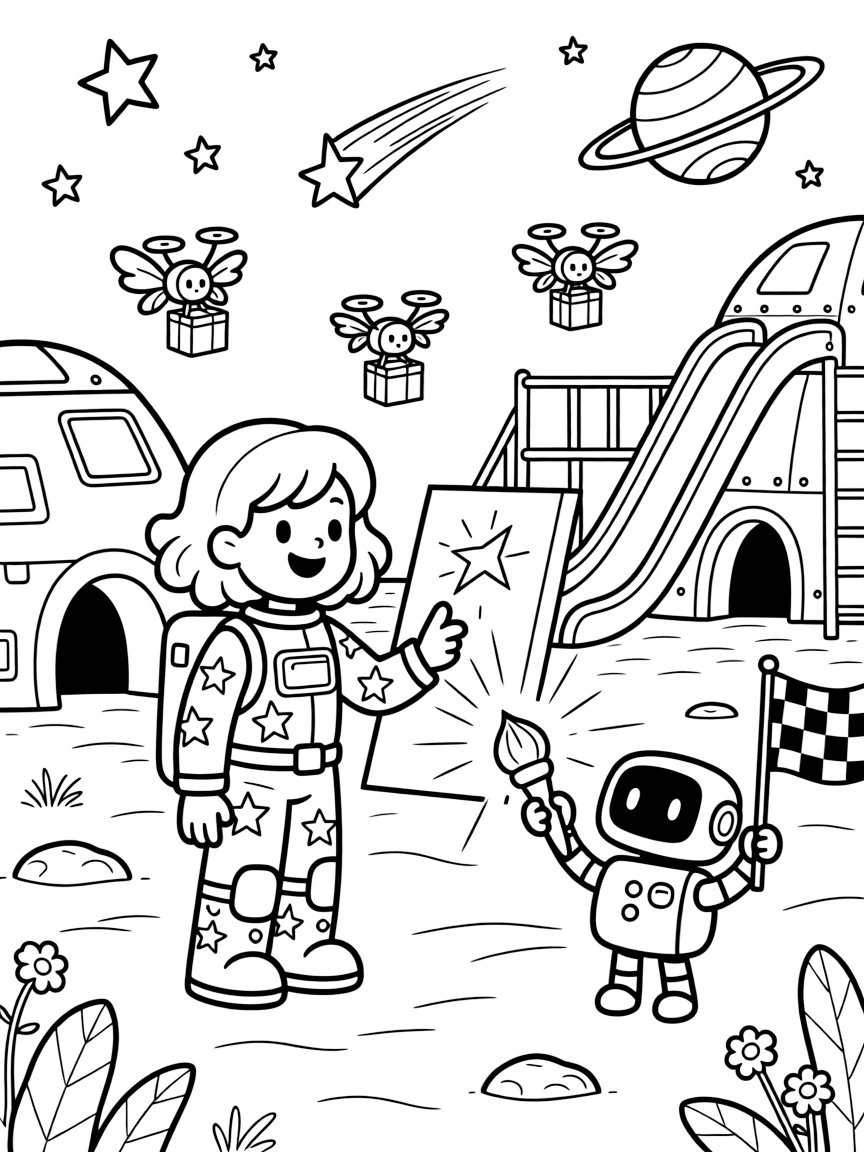 Explorer Zinnia, a young space explorer in a starry spacesuit helping a robot learn to paint with light instead of paint near a starship graveyard turned into a playground for young explorers, surrounded by a friendly robot waving a checkered flag and tiny drones buzzing around delivering packages.