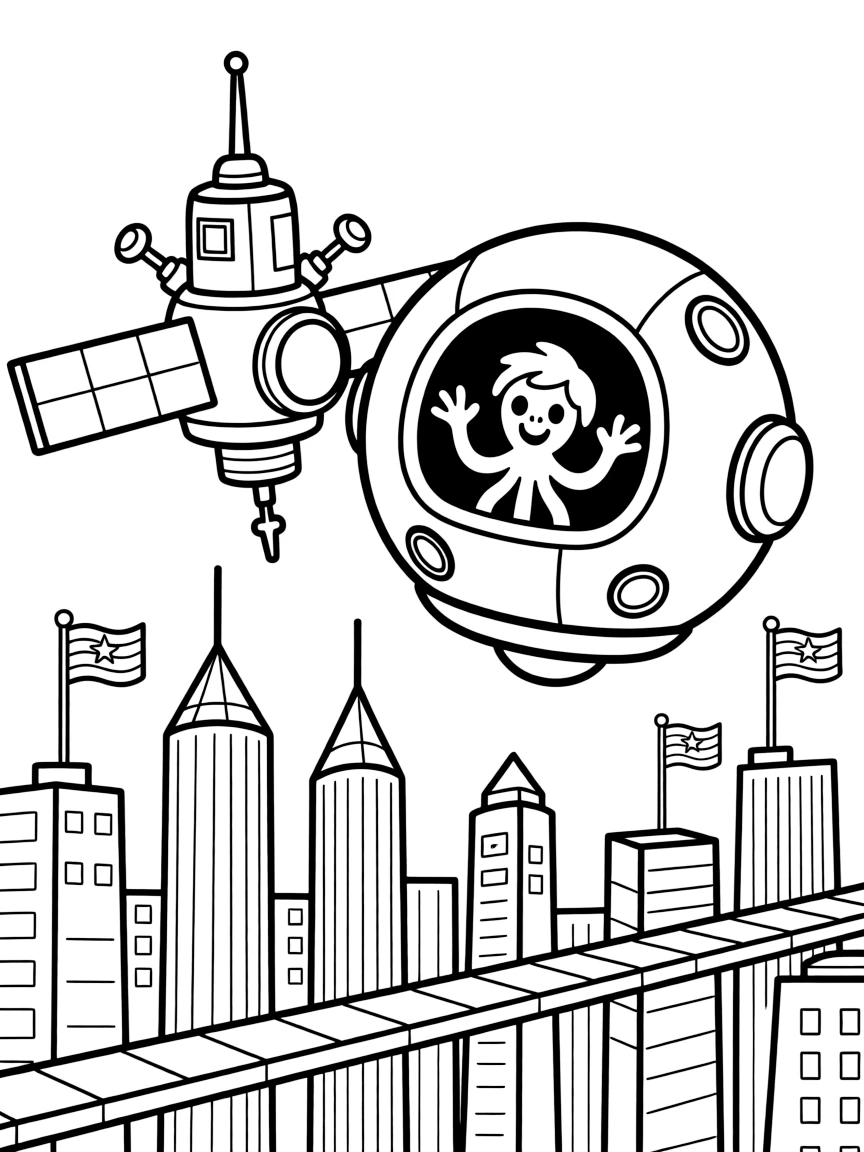 A big, friendly a round astronaut capsule floating near a space station rolls through a gleaming futuristic city skyline with towers and skywalks, with a friendly alien waving three tentacle-arms enjoying the ride and colorful flags fluttering from every corner adding a playful touch.