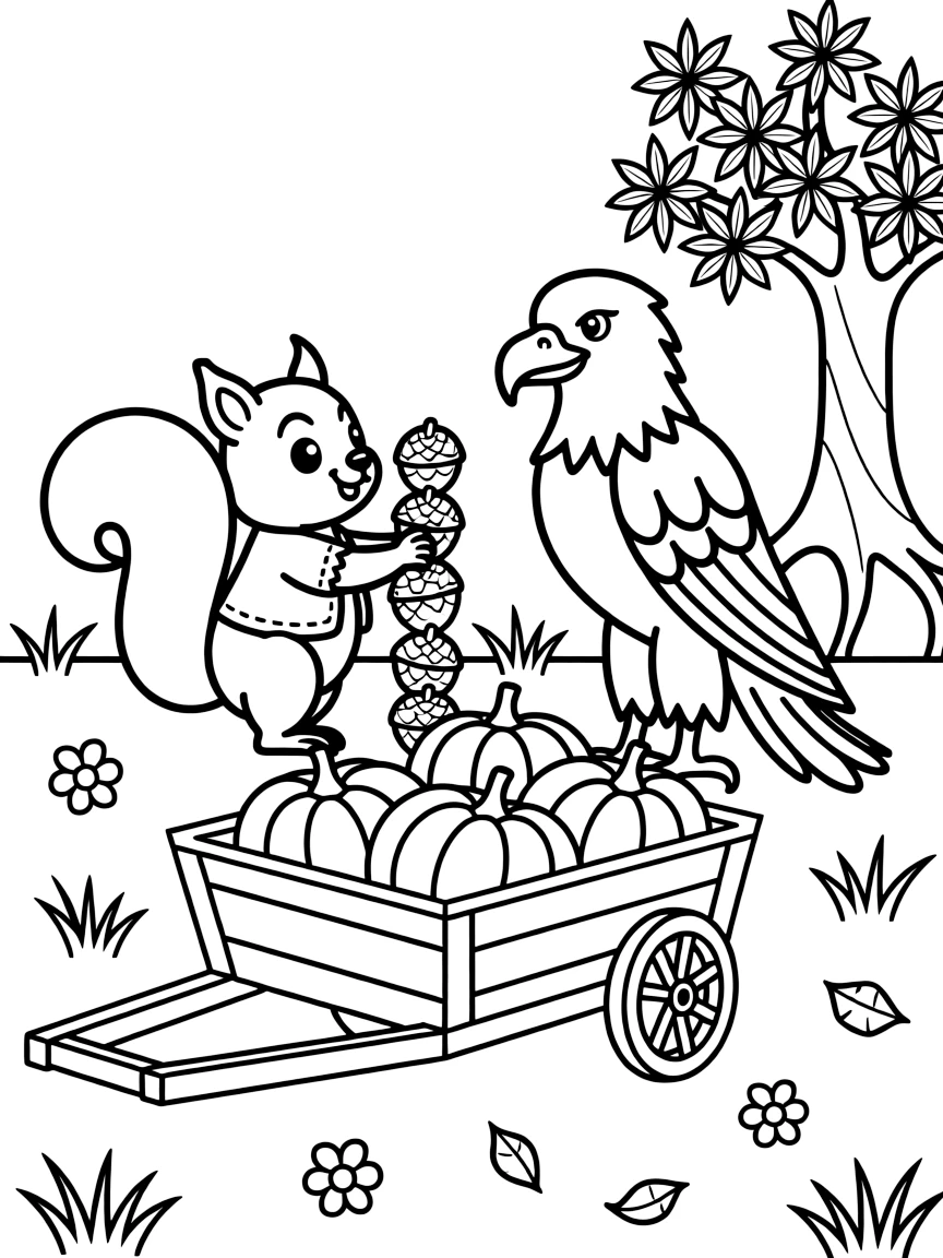A squirrel at a picnic in the park, stacking acorns into a tower with a bald eagle, next to a mangrove forest, with a wagon full of freshly picked pumpkins.