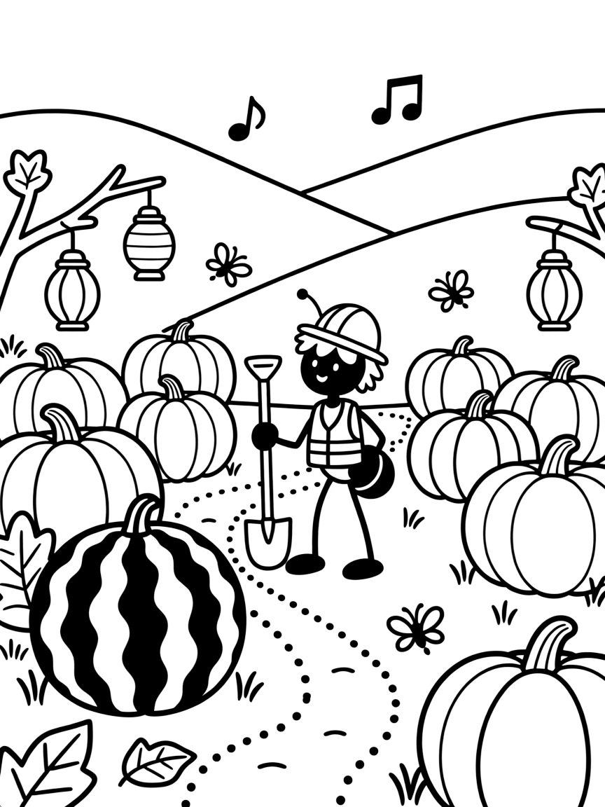 In a pumpkin patch glowing with lanterns, a proud ant construction crew captain discovers the joy of growing a garden of giant, striped watermelons, while twinkling fireflies lighting up the path watches happily nearby. Giggles echo happily through the whole valley.