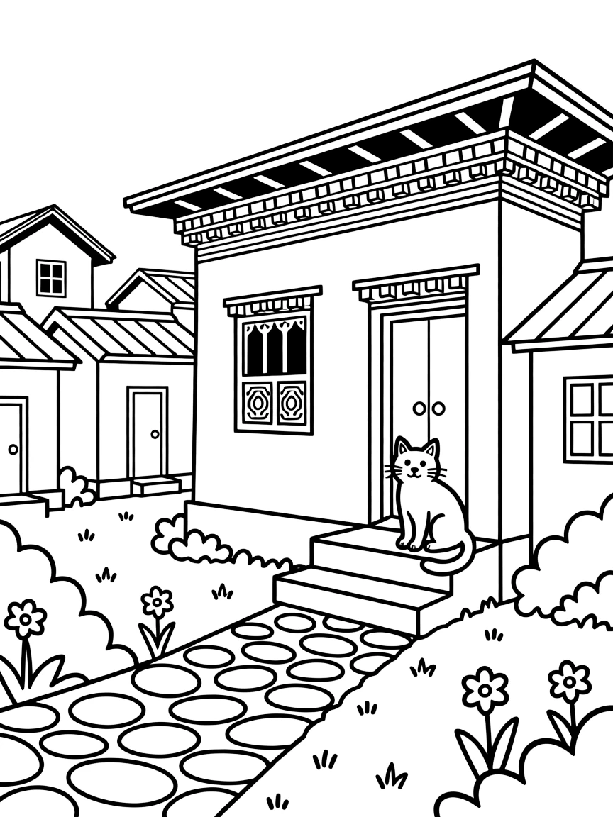 A coloring page from Bhutan showing a whitewashed farmhouse with carved wooden windows and painted eaves, surrounded by neighboring buildings, a cobblestone path, and a friendly cat resting on a step.