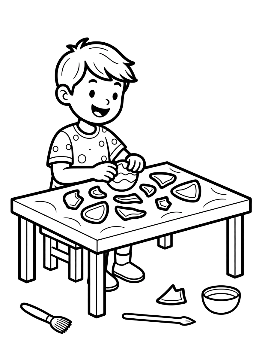 a cheerful little boy pieces together broken pottery shards on a felt-covered table.