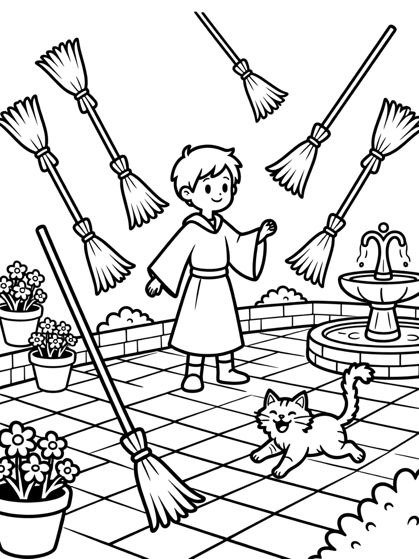 A young sorcerer's apprentice accidentally multiplies a broom into a dozen broomsticks that sweep the courtyard on their own, chasing a laughing cat.