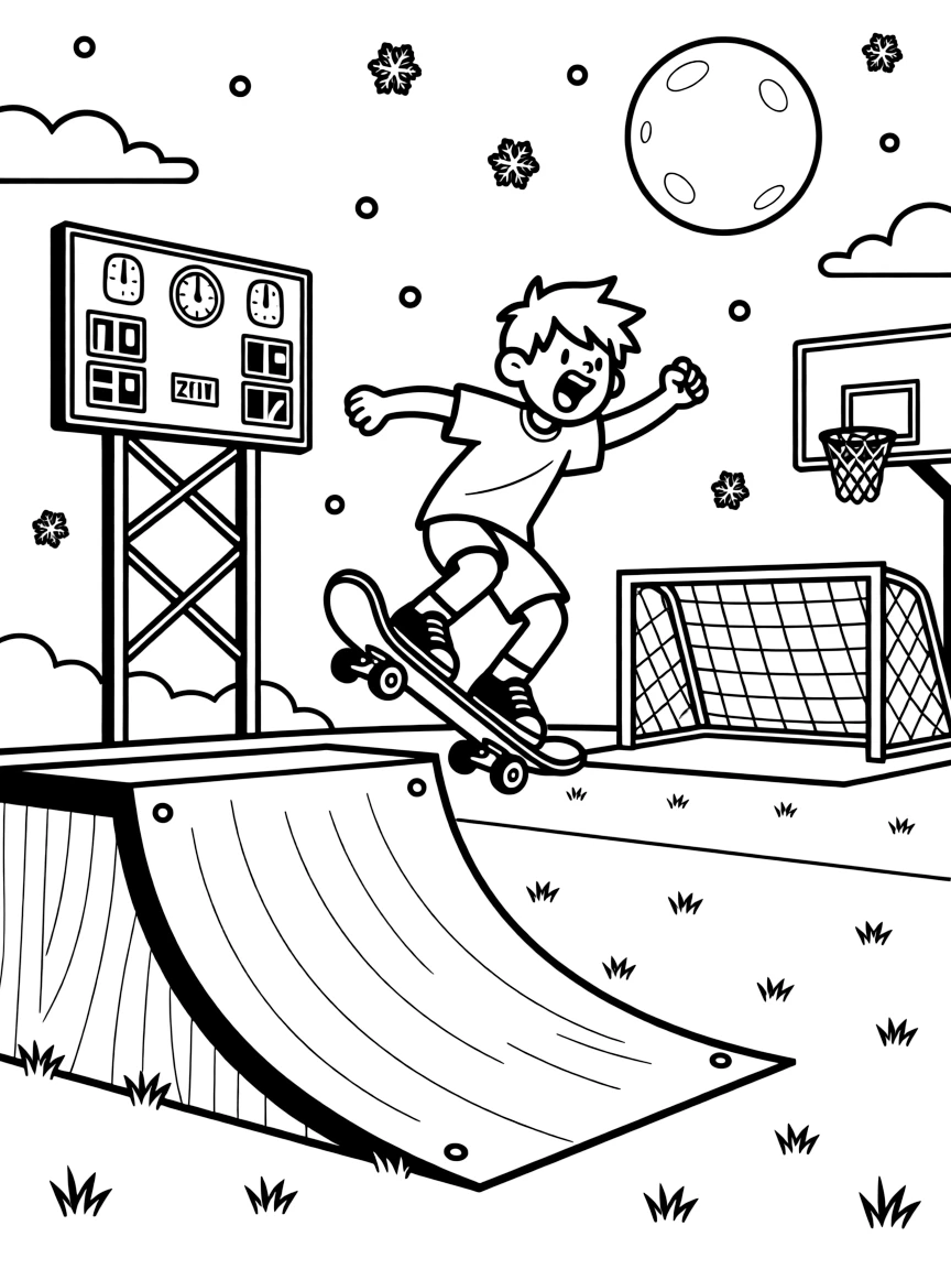 [Sports] a skateboarder doing a trick launching off a skate ramp on a sunny soccer field, letting out a triumphant roar. Nearby, a scoreboard hangs in the background. A goal or hoop stands ready in the frame. The scene is captured under a full moon, with snow gently falling, giving the page a lively and adventurous feel that invites plenty of colorful detail.