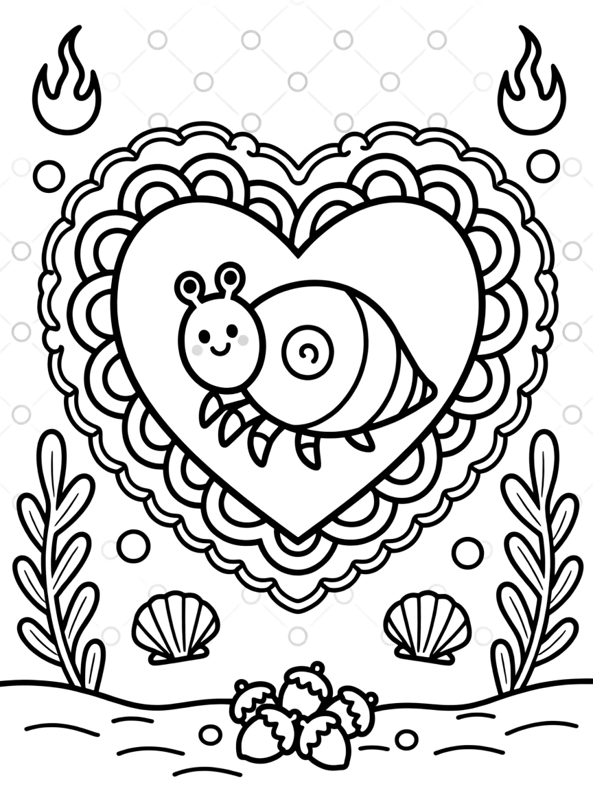 Ocean Creatures: The page presents a small themed scene built around a hermit crab peeking out from a spiral shell, tied together by a heart-shaped mandala framed by soft curling loops. The scene is placed in the center of a small symmetrical scene, with matching background details balanced evenly on both sides. Decorative details fill the surrounding space, including a repeating chain of small diamonds, a trail of evenly spaced dots, and flame-shaped tips curling upward woven throughout the background. A playful extra touch completes the page: a handful of tiny acorns scattered near the bottom edge.