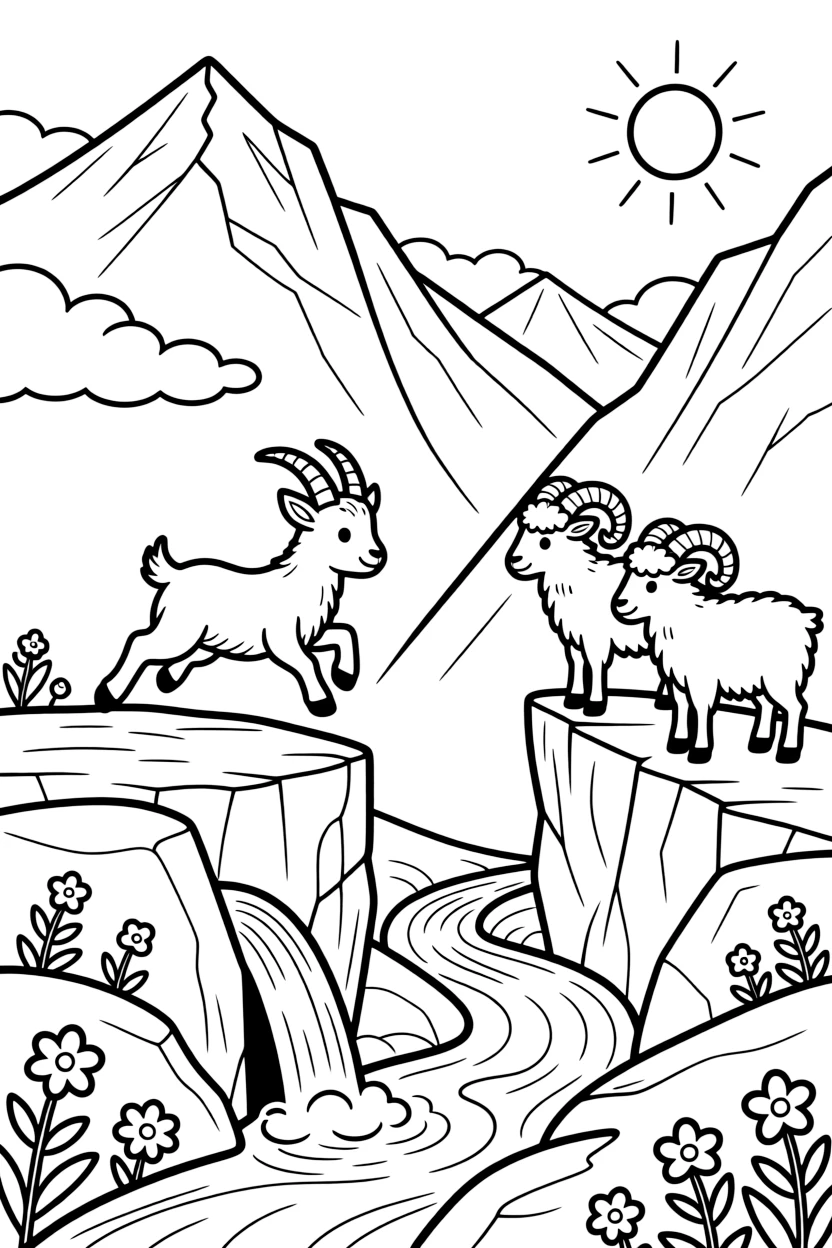 [Mountain Peaks] A young mountain goat leaps confidently across a rocky ledge high above a green valley. A pair of mountain sheep with curled horns stand on a narrow ledge overlooking a deep valley. Patches of wildflowers grow between boulders near a bubbling spring that feeds a mountain stream. Wisps of cloud drift past the summit as the morning sun paints the peaks in soft golden light.