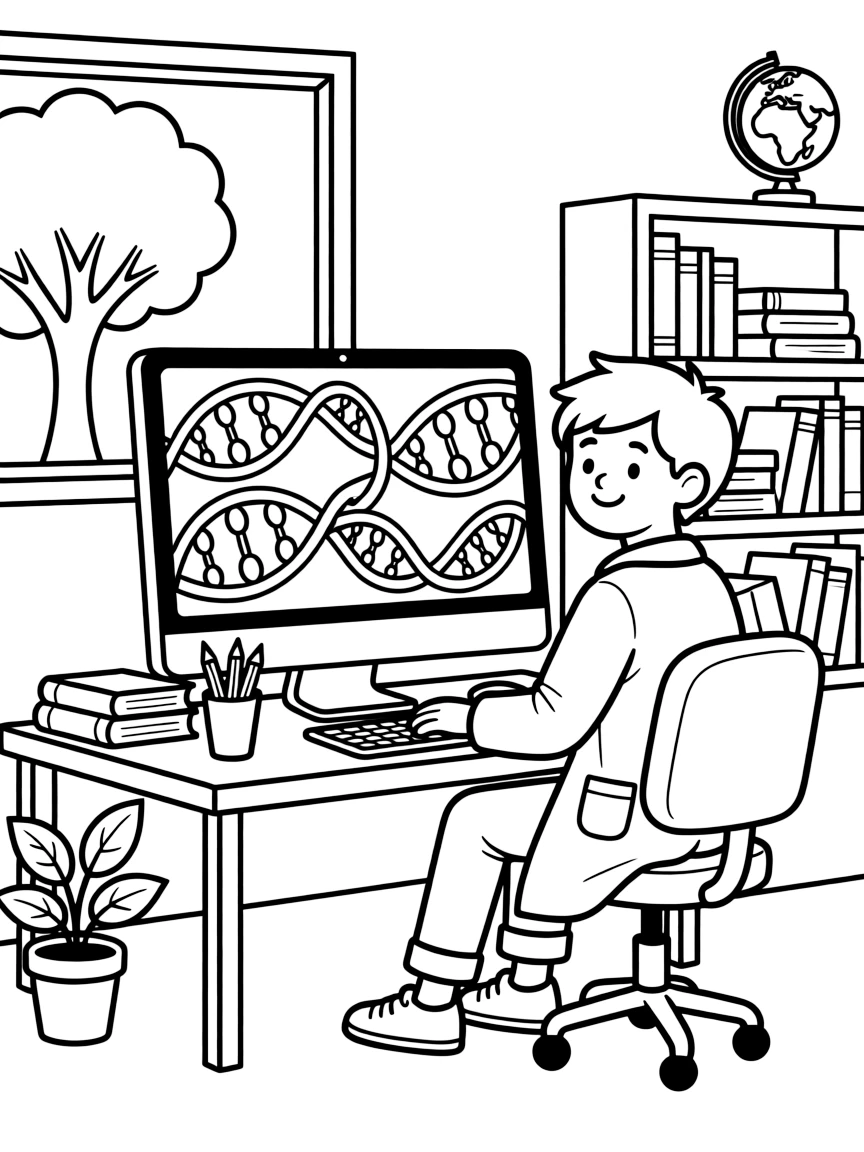 A genetics researcher studies colorful strands of DNA on a large computer screen.