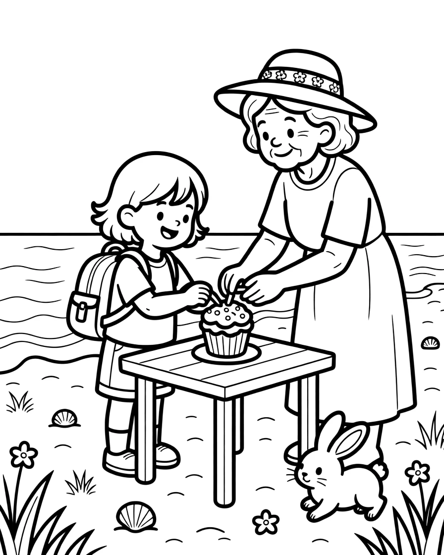 A girl with a backpack decorating cupcakes with a great-grandmother at the beach while a rabbit hops through the grass.