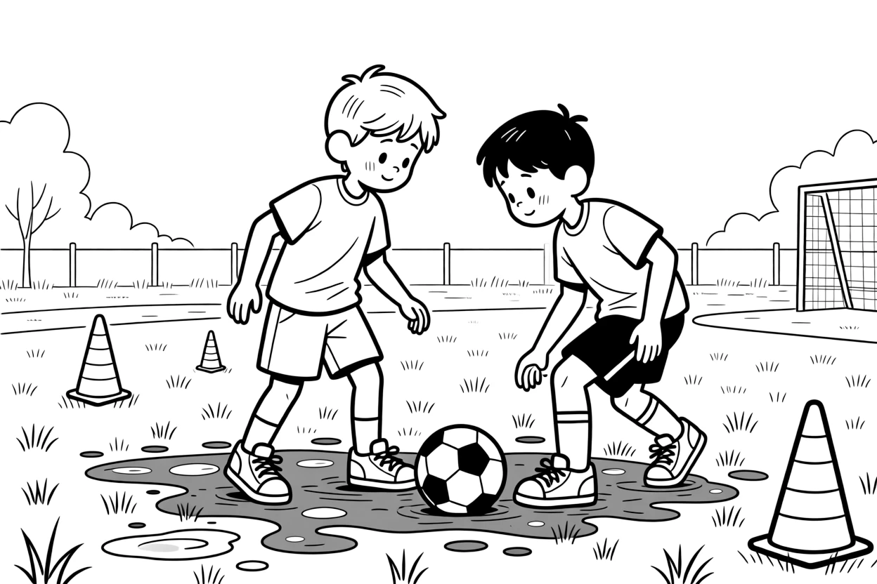 A shy new student, tackling an opponent low and safely on a muddy grass pitch during practice.