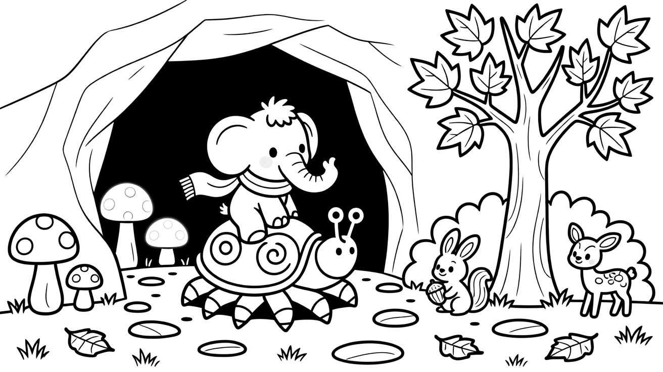 A baby elephant in a cave glowing with mushrooms, riding on the back of a hermit crab, next to a maple tree in autumn colors, while baby animals peek out from the bushes.