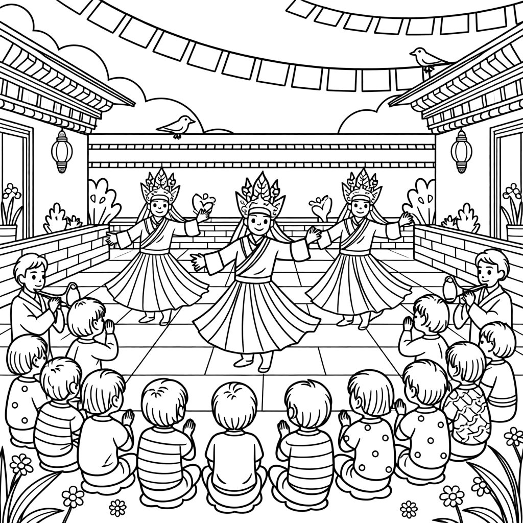 A coloring page bursting with rhythm from Bhutan, showing masked dancers spinning in an open monastery courtyard to the sound of horns, with an audience of clapping children gathered around in a circle.