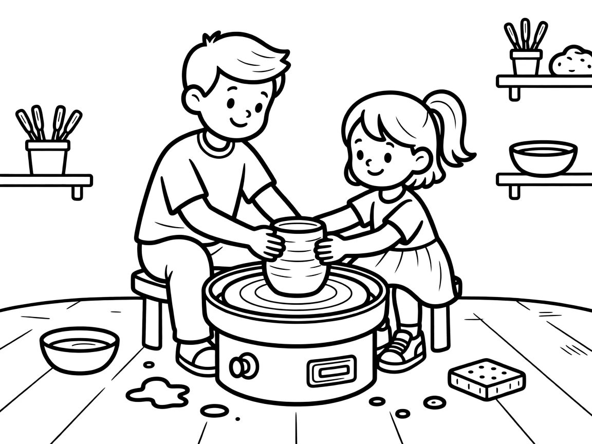 a thoughtful older brother and his little sister molds a lump of clay into a wobbly pot on a spinning pottery wheel.