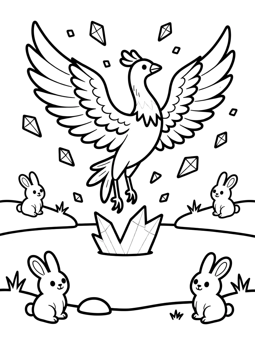 A majestic ice phoenix bursts from a frozen lake, sending shards of glittering ice into the air like confetti above startled snow rabbits.