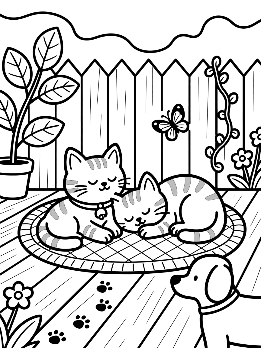 [Pets] A dynamic scene shows a playful pair of kittens napping in a cozy sunbeam in a sunny backyard, concentrating hard with a focused expression. Close by, paw prints trail across the floor. A wagging tail adds playful motion. The moment unfolds during a bright summer day, with heat waves shimmering in the distance, filled with energetic detail perfect for a young colorist.