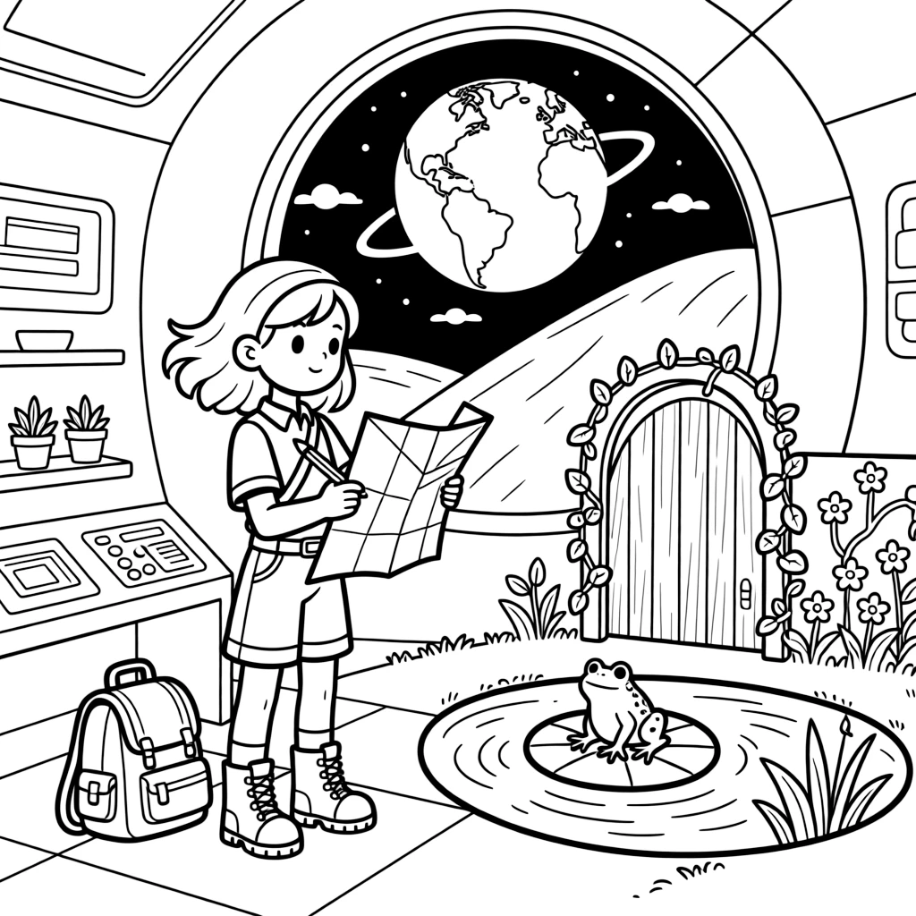 A girl treasure hunter following a hand-drawn map is sketching the view from a hilltop inside a space station with a view of Earth. Just beyond, a garden gate covered in climbing ivy and a friendly frog perched on a lily pad make the setting feel extra special.