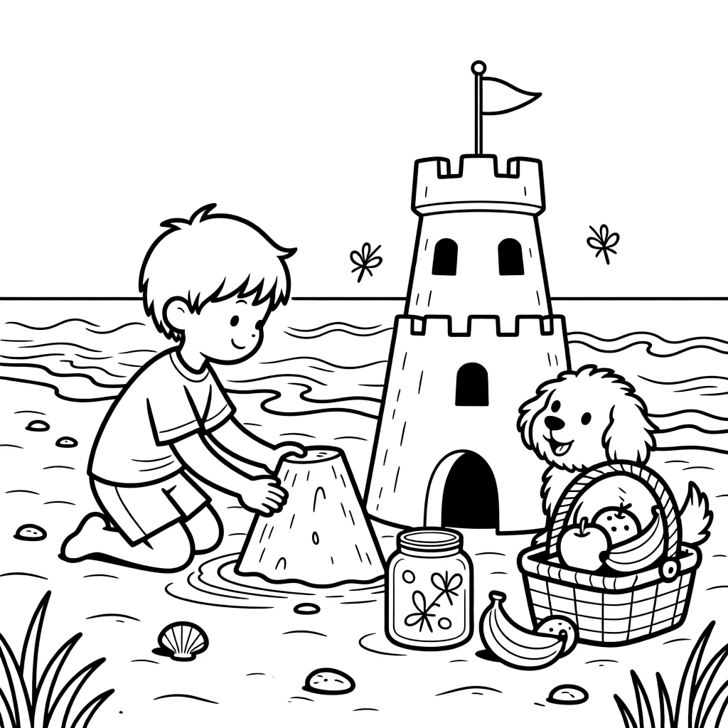 A child patting wet sand into a tall tower on a sandy beach with gentle waves rolling in, alongside a fluffy puppy and a jar full of fireflies, with a picnic basket packed with fruit close by.