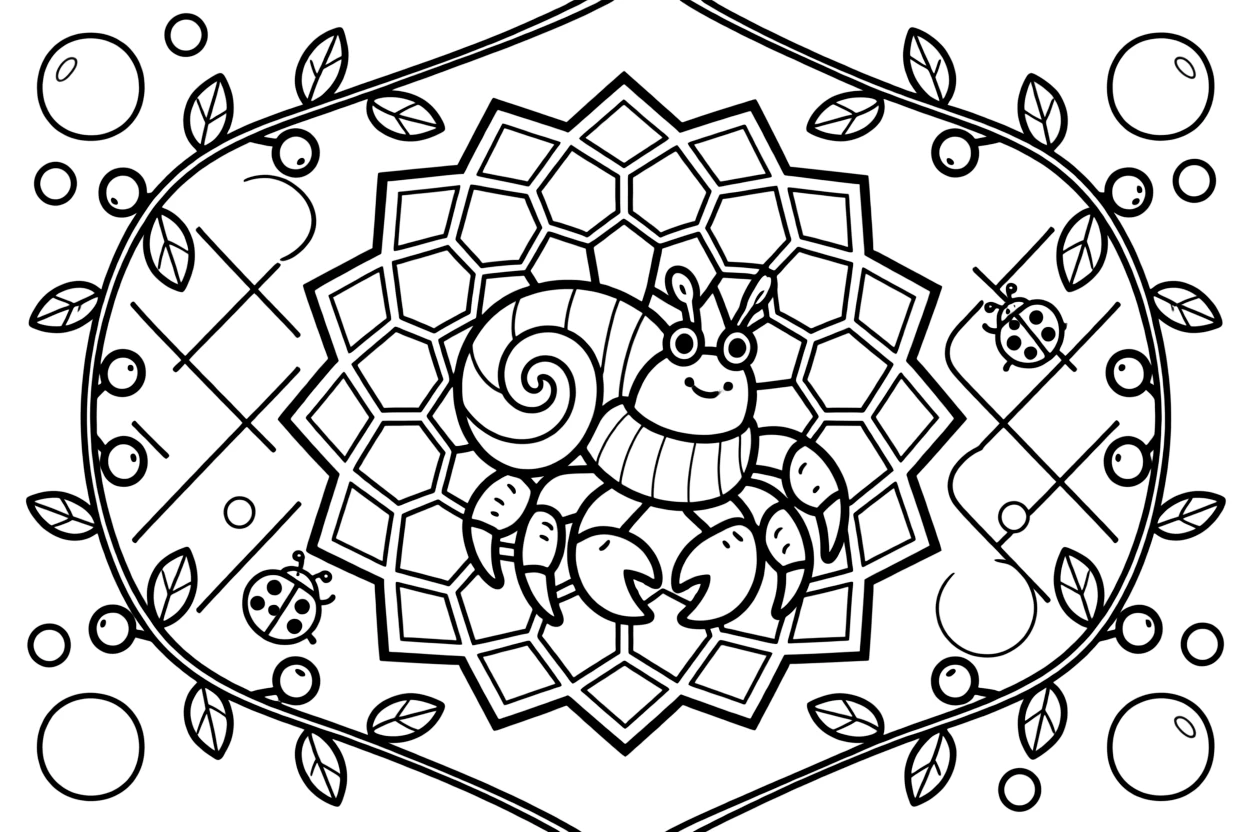 Ocean Creatures: The design turns a hermit crab peeking out from a spiral shell into a kaleidoscope-style composition anchored by a honeycomb mandala tiled from small hexagon cells. The imagery is split into four mirrored quadrants that meet at the center, each quadrant a rotated echo of the next. Decorative details fill the surrounding space, including a grid of lattice diamonds, clusters of round bubbles, and twisting berry-vine garlands woven throughout the background. A playful extra touch completes the page: a tiny ladybug tucked among the details, easy to spot once found.