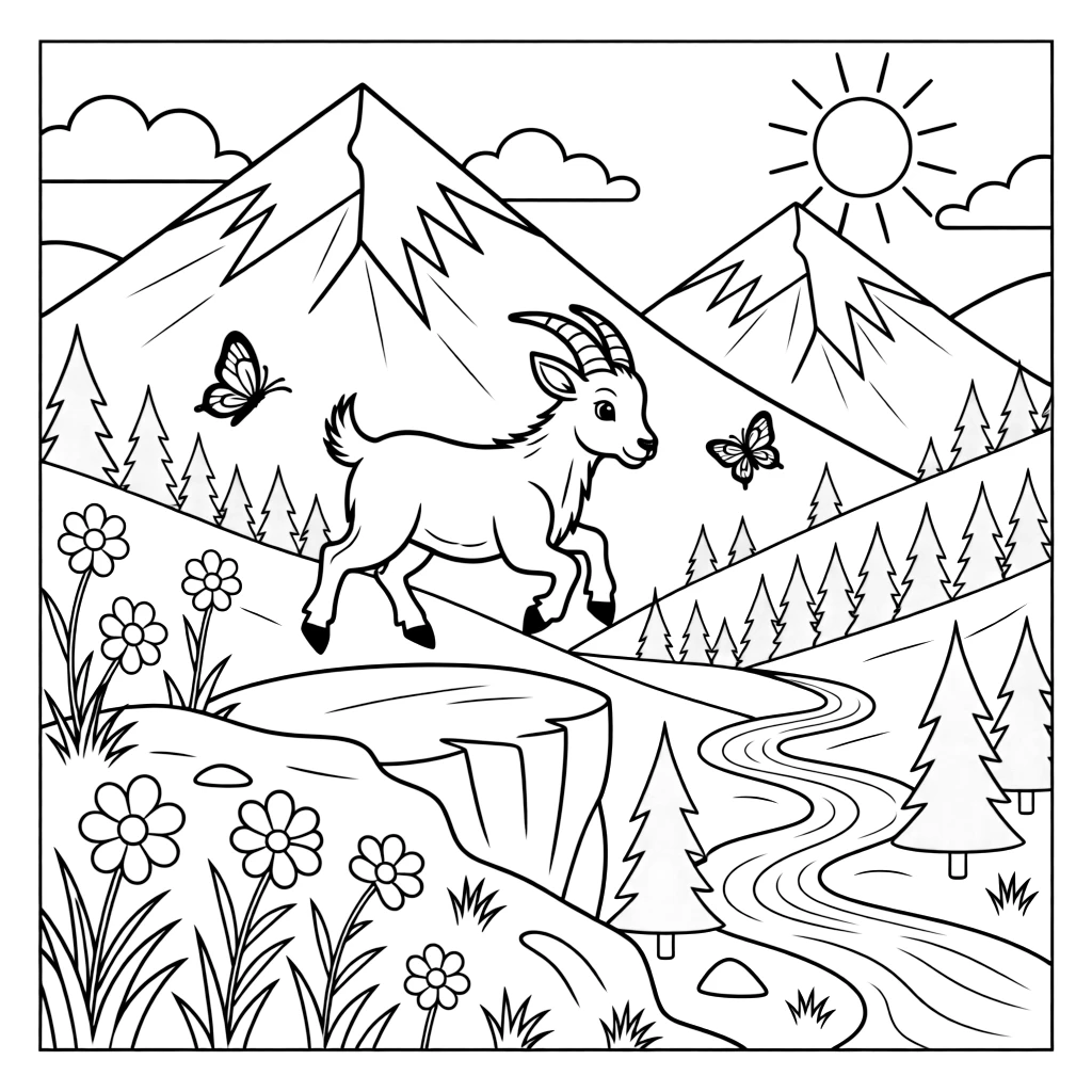 [Mountain Peaks] A young mountain goat leaps confidently across a rocky ledge high above a green valley. Colorful alpine flowers dot the slopes as butterflies drift between patches of wild grass. Snow-capped peaks tower over a valley filled with pine forests and a winding river below. Wisps of cloud drift past the summit as the morning sun paints the peaks in soft golden light.