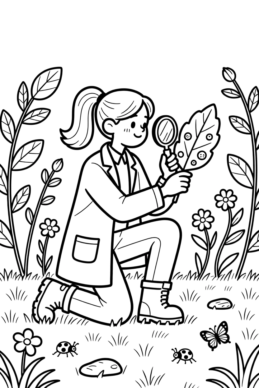 A plant pathologist inspects leaves for disease spots using a hand lens in a field.