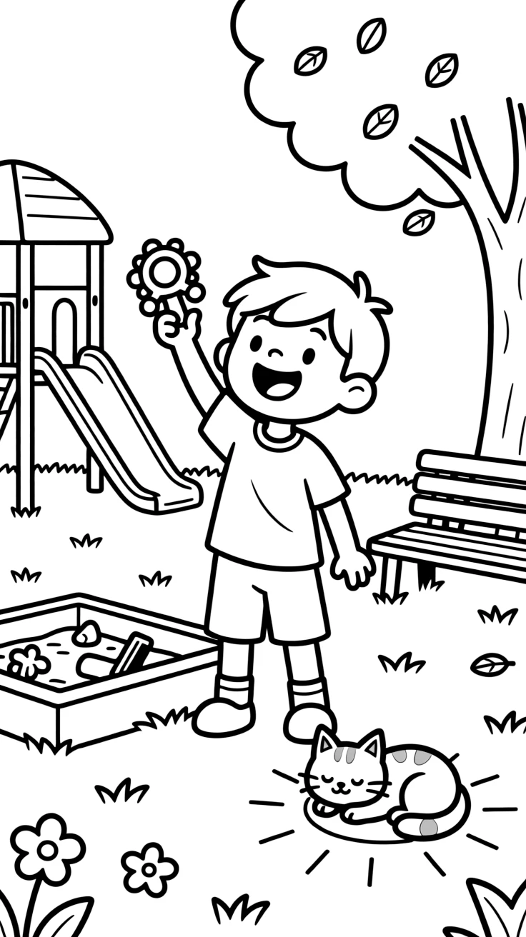 A giggling boy sharing a favorite toy for show-and-tell at the school playground while a kitten naps in a sunny spot.