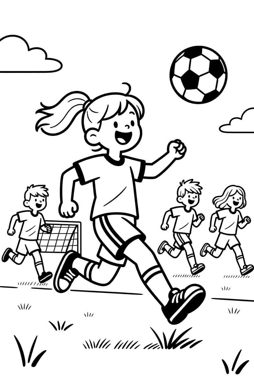 An energetic girl with a big smile, kicking the ball high downfield as teammates race to chase it.