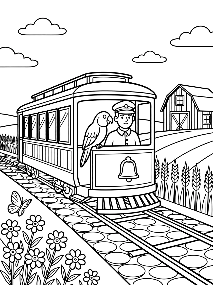 This coloring page shows an old-fashioned trolley car clanging its bell down cobblestones making its way across a sunny farm with a red barn and rolling wheat fields, accompanied by a parrot perched on the captain's shoulder, while butterflies fluttering near a patch of wildflowers adds extra charm to the scene.