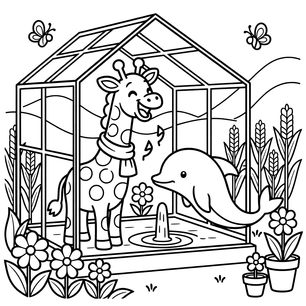A giraffe in a greenhouse full of blooms, singing a cheerful tune with a dolphin, next to a corn field, while morning fog rolls over the hills.