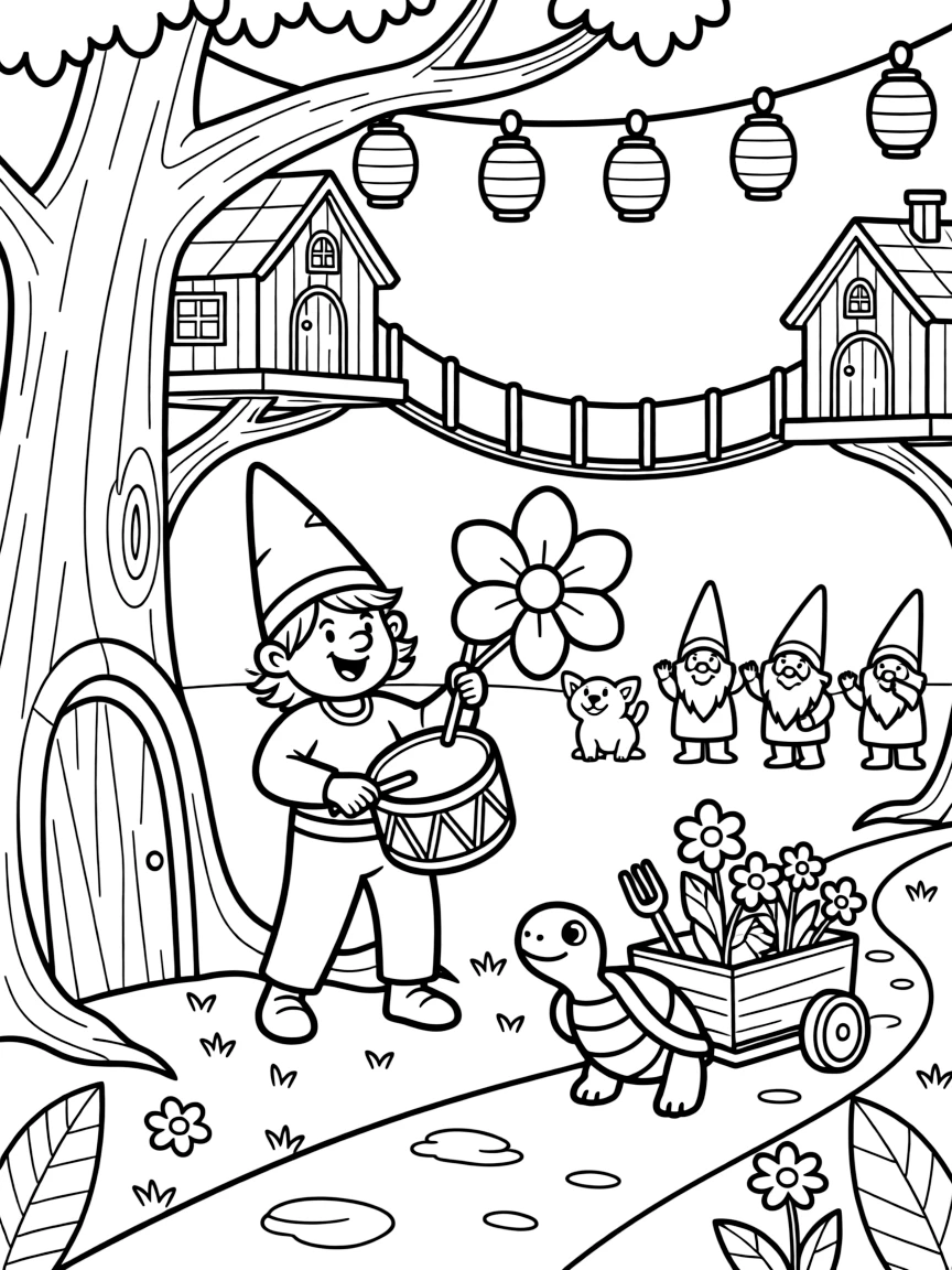 A cheerful gnome gardener is playing a drum solo on giant flower petals inside a treehouse village connected by rope bridges, joined by a cart pulled by a very determined turtle and a string of lanterns swaying gently overhead. Everyone claps and cheers at the happy sight.