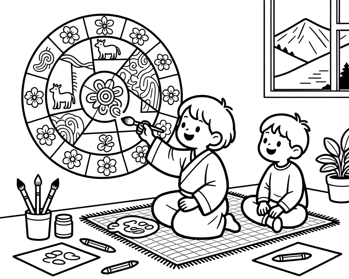 A coloring page of a child in Bhutan enjoying a child painting a traditional wheel of life mural pattern, surrounded by colorful supplies and a curious sibling watching closely.