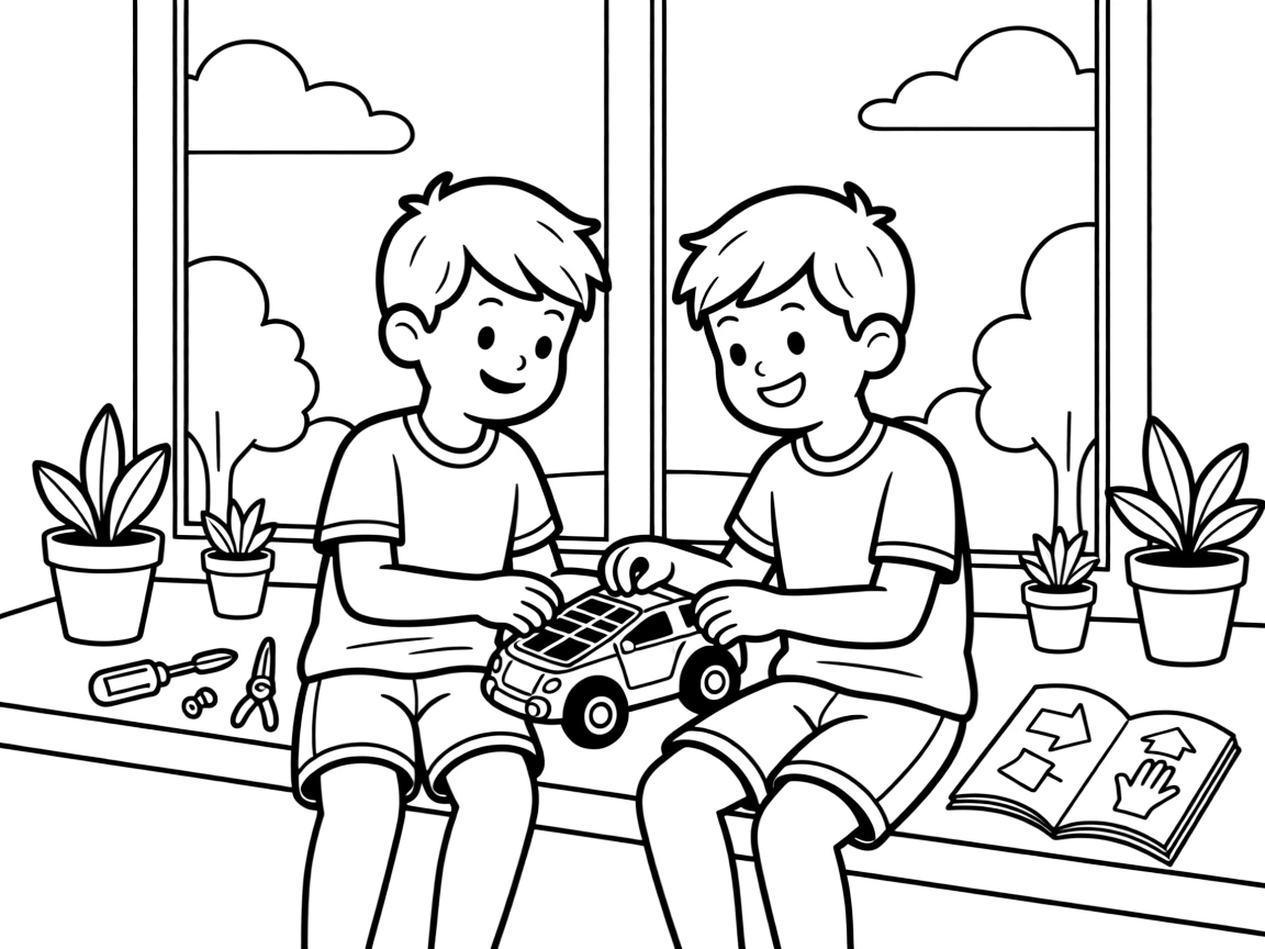 bright-eyed twin brothers assemble a solar-powered toy car kit on a sunny windowsill.
