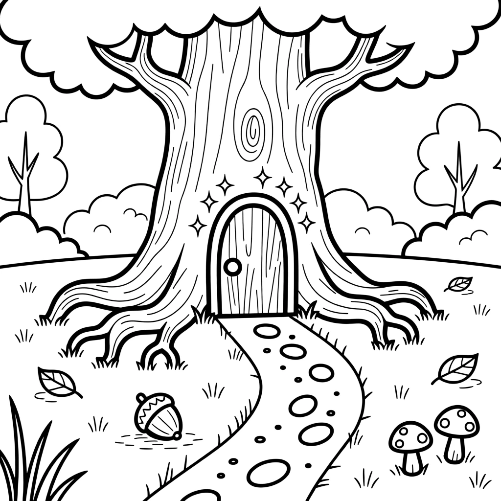 A hidden fairy door at the base of a giant oak tree glows softly, tiny footprints and a dropped acorn cap leading up to it.