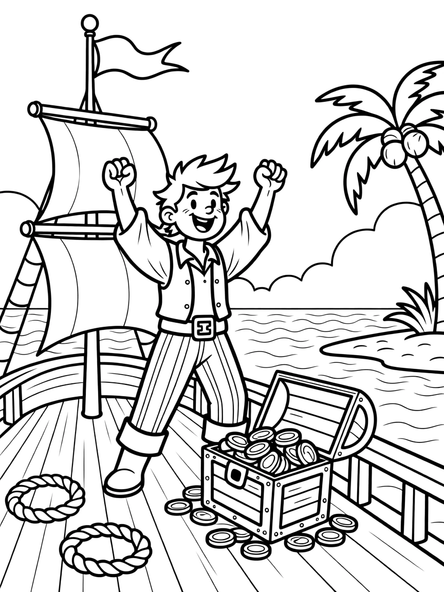 [Pirates] a jolly pirate captain digging up a buried treasure chest aboard a wooden sailing ship, cheering with both fists raised, while palm trees sway along the shoreline fills the surrounding area. A weathered flag flutters from the mast. Set on a foggy morning, with heat waves shimmering in the distance, the page bursts with adventure and imagination.