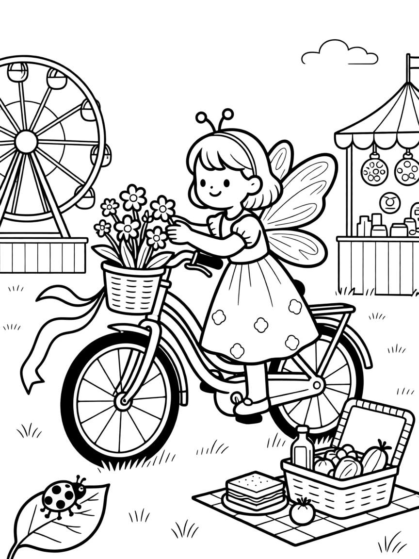 A girl wearing shimmering fairy wings is decorating a bicycle basket with flowers at a county fair with games and rides. All around, a curious ladybug resting on a leaf and a picnic basket overflowing with treats complete the joyful scene.