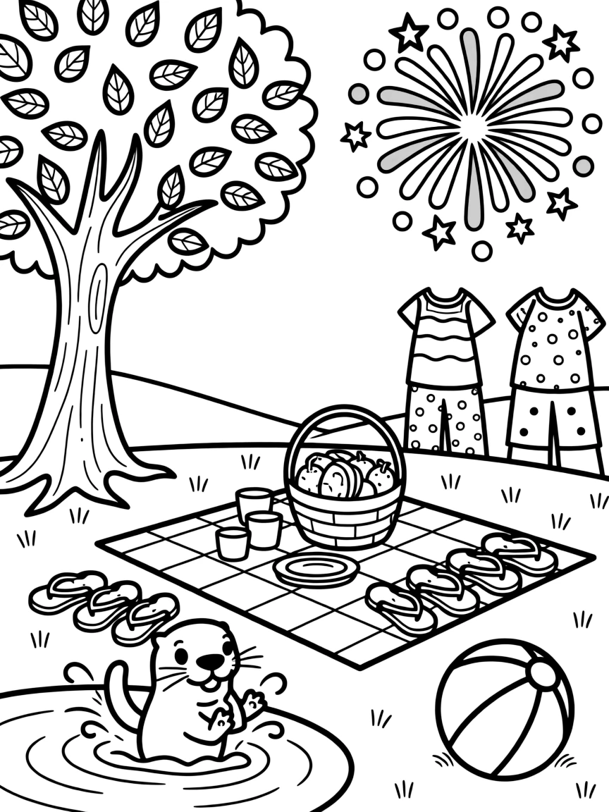 A burst of red, white, and blue fireworks at a lively outdoor picnic under a shady tree, with a playful otter playing close by amid a striped beach ball and a row of colorful flip-flops.