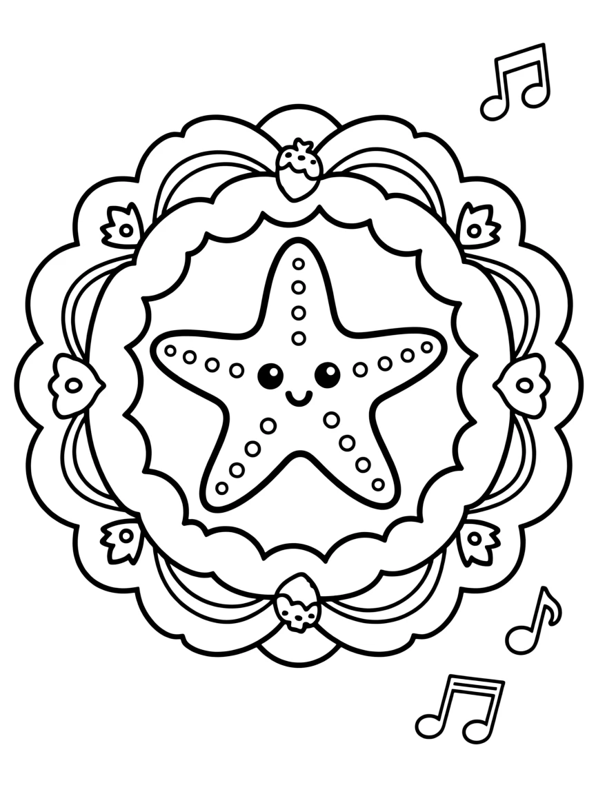 Ocean Creatures: The main subject is a starfish with five plump, rounded arms, drawn as the focal point of a cloud-ring mandala made of puffy overlapping curves. It is placed at the very center of the page, with the surrounding rings growing larger and more detailed toward the outer edge. Decorative details fill the surrounding space, including loops of ribbon curling back on themselves, clusters of tiny acorns, and rows of teardrop-shaped petals woven throughout the background. A playful extra touch completes the page: a few tiny musical notes drifting near one corner of the page.