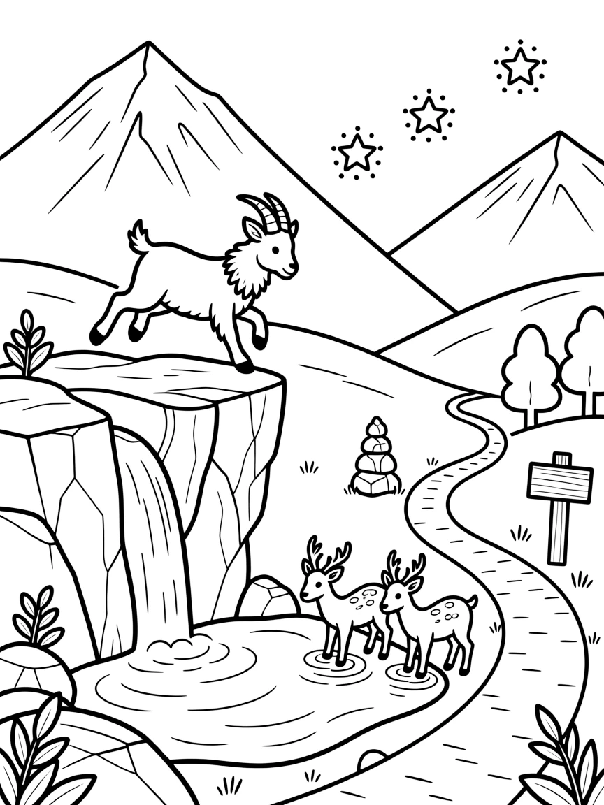 [Mountain Peaks] A young mountain goat leaps confidently across a rocky ledge high above a green valley. A small waterfall cascades down the rocky face into a clear pool where deer come to drink. Jagged rock formations rise beside a winding trail marked with cairns and wooden signposts. Stars begin to appear above the peaks as the valley below settles into evening calm.