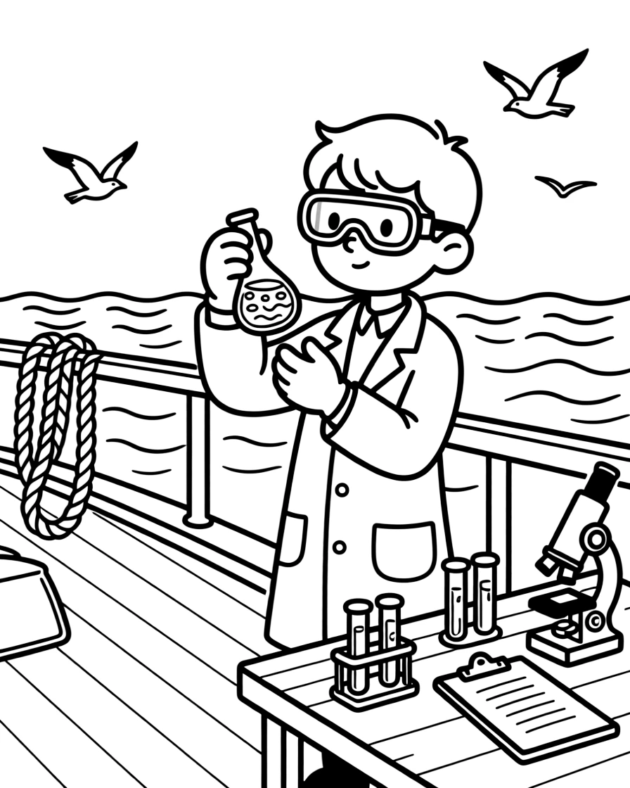 A marine chemist tests a vial of ocean water samples on a boat deck.