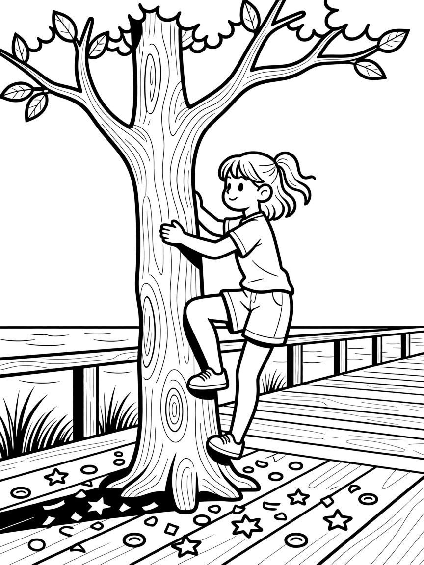 A confident preteen girl climbing a tree alone on a seaside boardwalk, deeply focused, with confetti scattered on the ground.