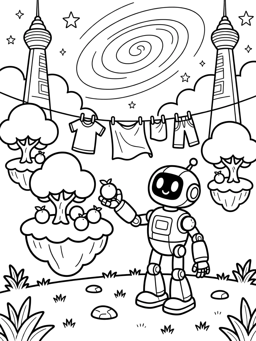 In a research base at the edge of a swirling nebula, Bolt-9, a cheerful helper robot harvesting glowing fruit from floating orchard islands, while a line of laundry fluttering between two towers adds to the excitement.