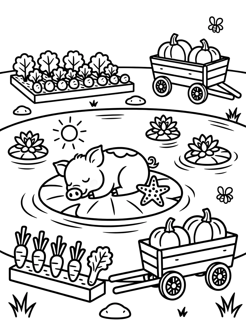 A piglet napping in a sunbeam next to a starfish on a lily pad in a quiet pond, near a vegetable garden, with a wagon full of freshly picked pumpkins.