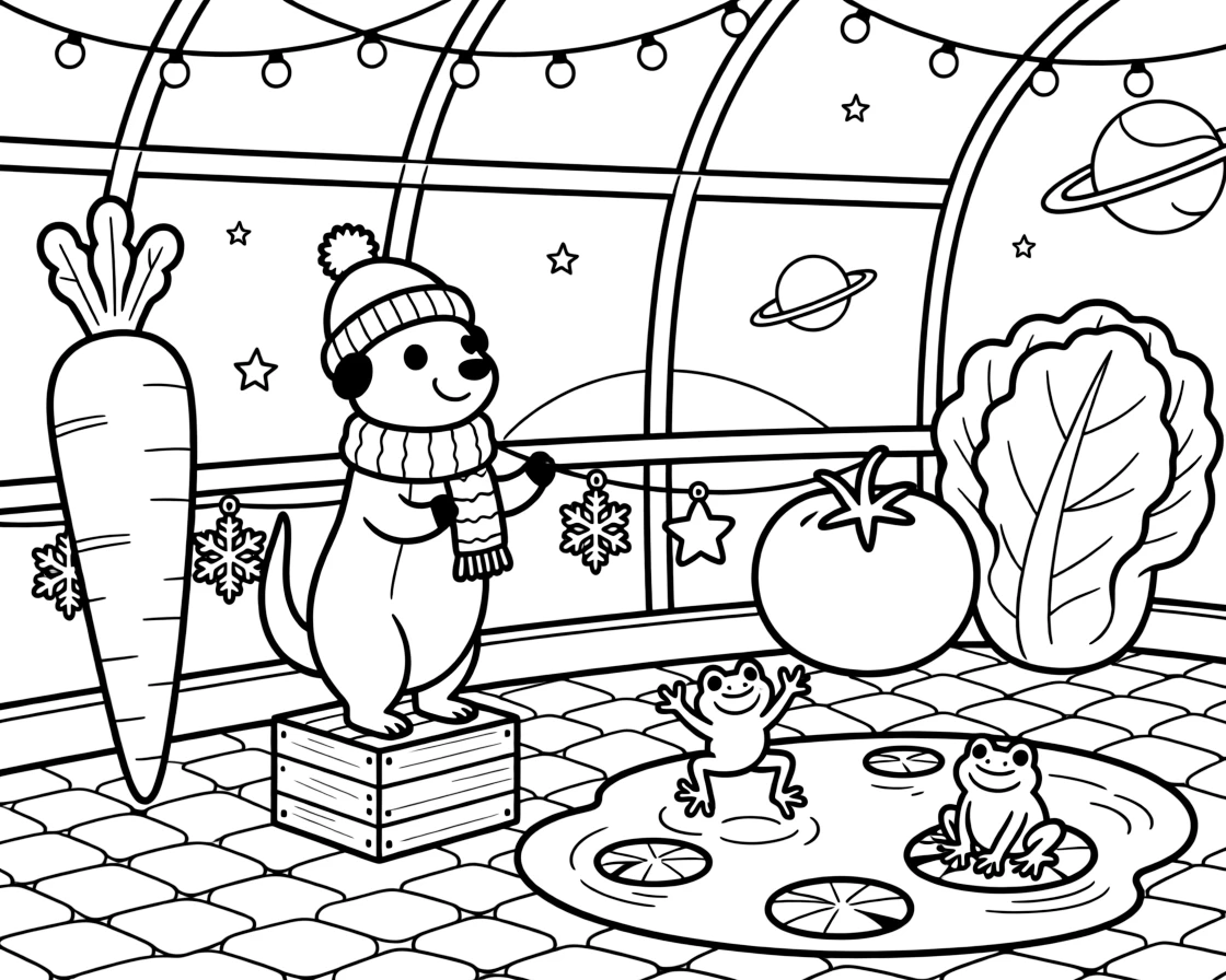 A jolly meerkat lookout takes a break from adventures to try decorating the town square for a winter celebration at a space station greenhouse growing giant vegetables, with a puddle full of jumping frogs close behind. It's a perfectly wonderful, magical moment.