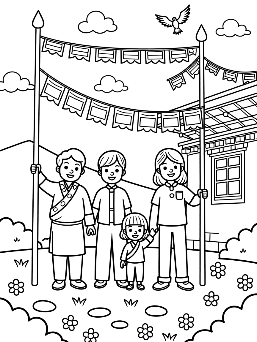 A coloring page of a family flying colorful prayer flags on poles near their home in Bhutan, showing grandparents, parents, and children all taking part together in the fun.