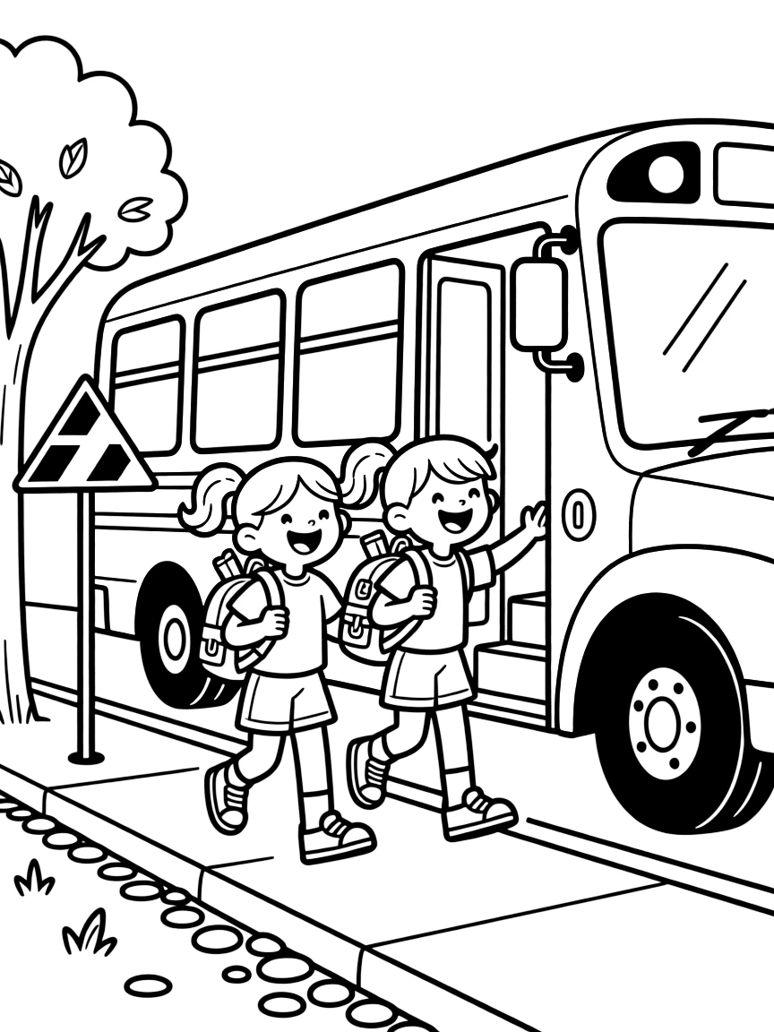 bold twin sisters line up excitedly to board a big yellow bus for a field trip.