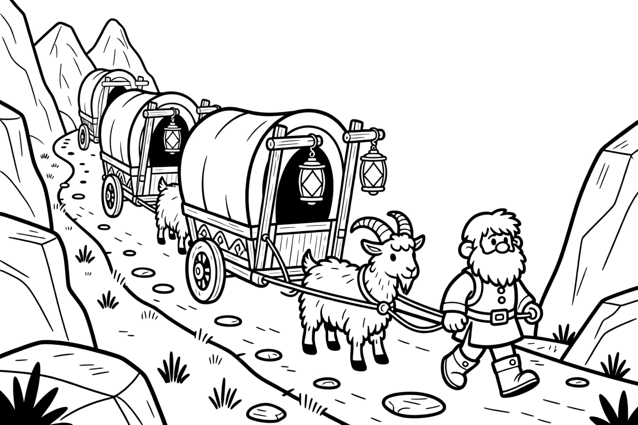 A dwarven caravan of covered wagons pulled by shaggy goats winds through a mountain pass, lanterns swinging from carved wooden frames.