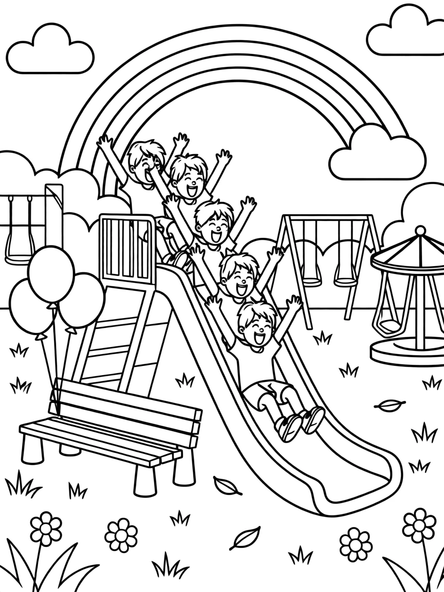 [Playgrounds] a group of kids racing down a slide sliding down with arms raised high at a colorful neighborhood playground, letting out a triumphant roar. Nearby, balloons are tied to a nearby bench. Bright playground equipment fills the background. The scene is captured during a bright summer day, with a rainbow arching overhead, giving the page a lively and adventurous feel that invites plenty of colorful detail.