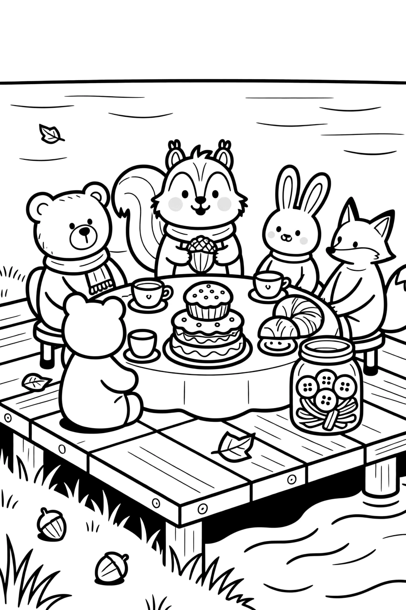 A chipmunk with cheeks full of acorns is having a tea party with a circle of stuffed animal friends on a wooden dock by a calm lake. Close by, a stack of freshly baked pastries and a jar of colorful buttons and ribbons make the scene feel magical.