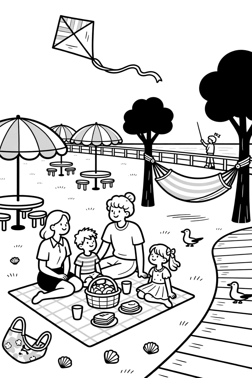 A family enjoying one last summer picnic at a bustling boardwalk with striped umbrellas, alongside a cheerful grandmother and a kite soaring high overhead, with a hammock strung between two trees close by.
