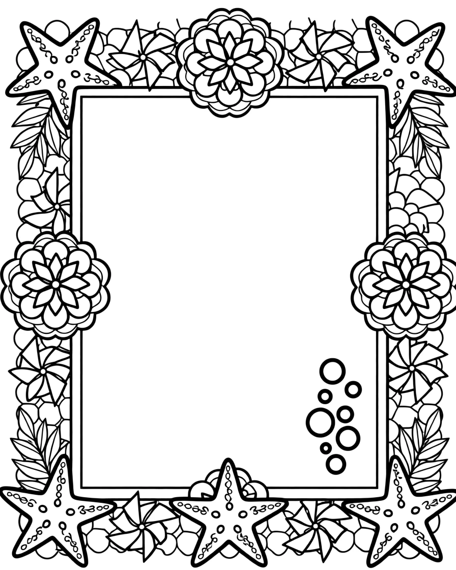Ocean Creatures: The page centers on a repeating motif of a starfish with five plump, rounded arms, built around a layered rosette mandala with overlapping round petals. The motif is arranged evenly around the four edges of the page, forming a continuous decorative frame around a clear center space. Decorative details fill the surrounding space, including pinwheel blades spinning in place, rows of gentle leaf veins branching outward, and a field of tiny honeycomb cells woven throughout the background. A playful extra touch completes the page: a cluster of small bubbles rising near one side of the page.
